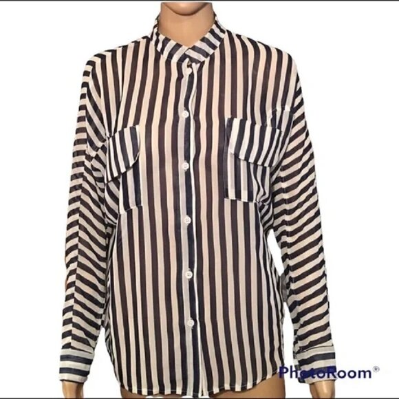❤️UmGee Navy Blue Stripe Sheer Business Blouse Large Pockets Oversized Shirt ❤️ - Picture 2 of 6